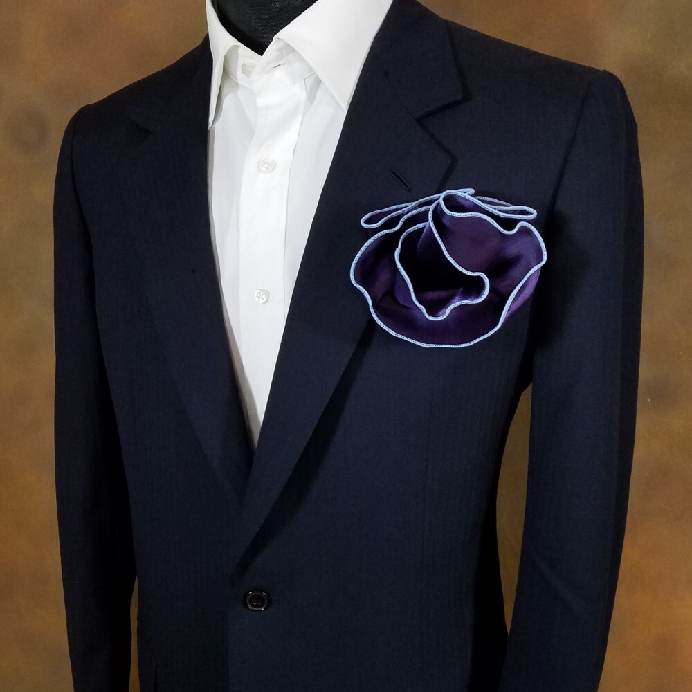 NEW – Men’s 2-in-1 Pouf Round Pocket Square – Dark Purple Satin with Blue Trim