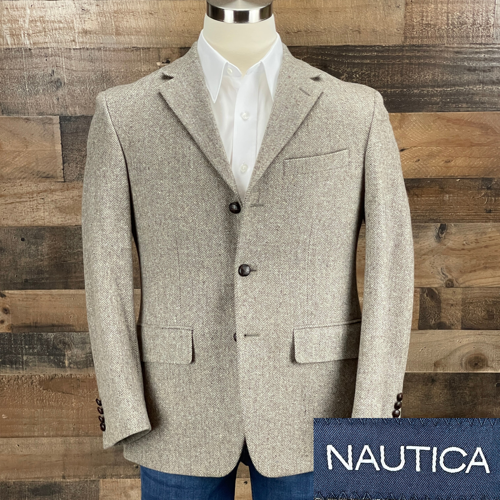 Nautica Sport Coat Men 38S Light Brown Herringbone Wool Tweed Blazer Suit Jacket