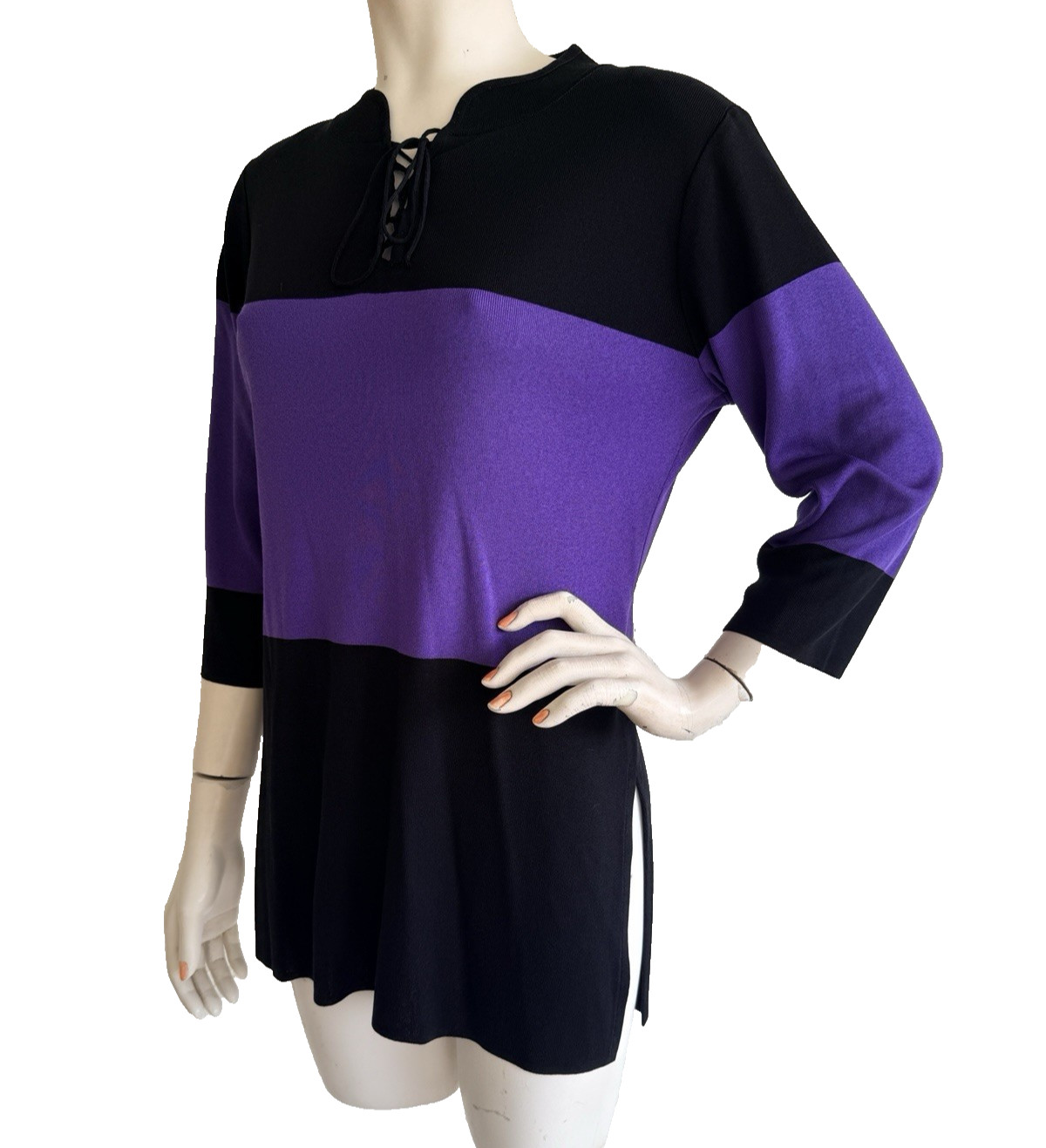 EXCLUSIVELY MISOOK Top Black Purple Colorblock Lace Up Neckline 3/4 Sleeve S