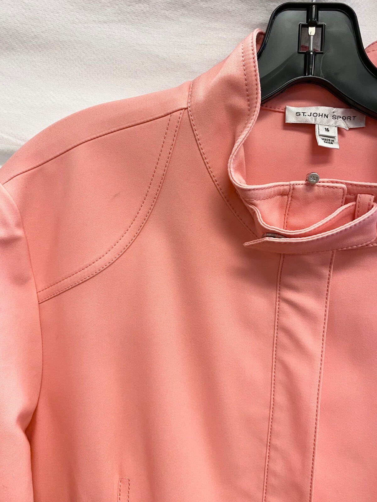 ST. JOHN Sport Pink High Neck Zip Front Multi Pockets Moto Biker Jacket 16 XL 💗