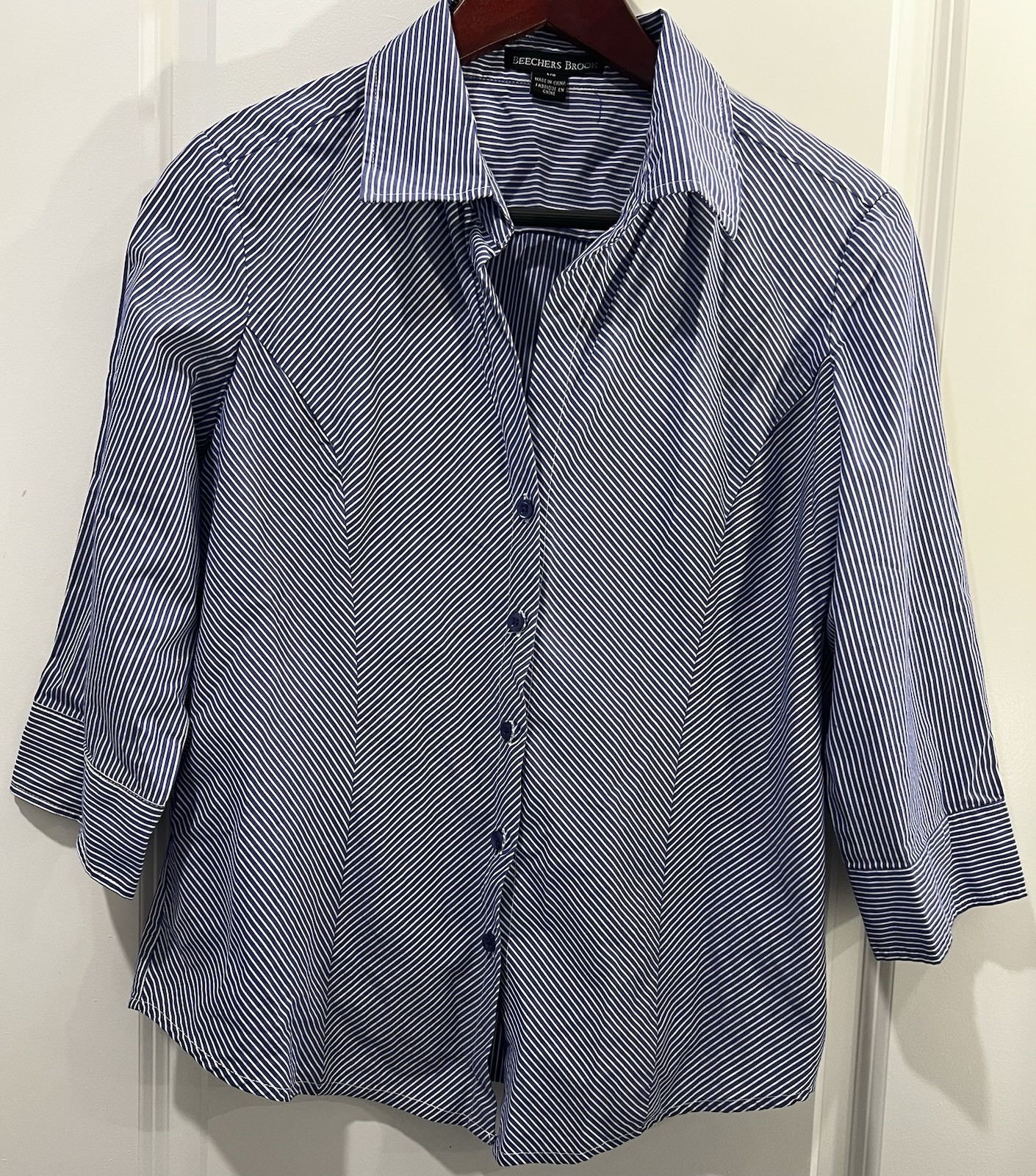 Beechers Brook Womens Blue White Striped Button Down Shirt Size M 3/4 Sleeve