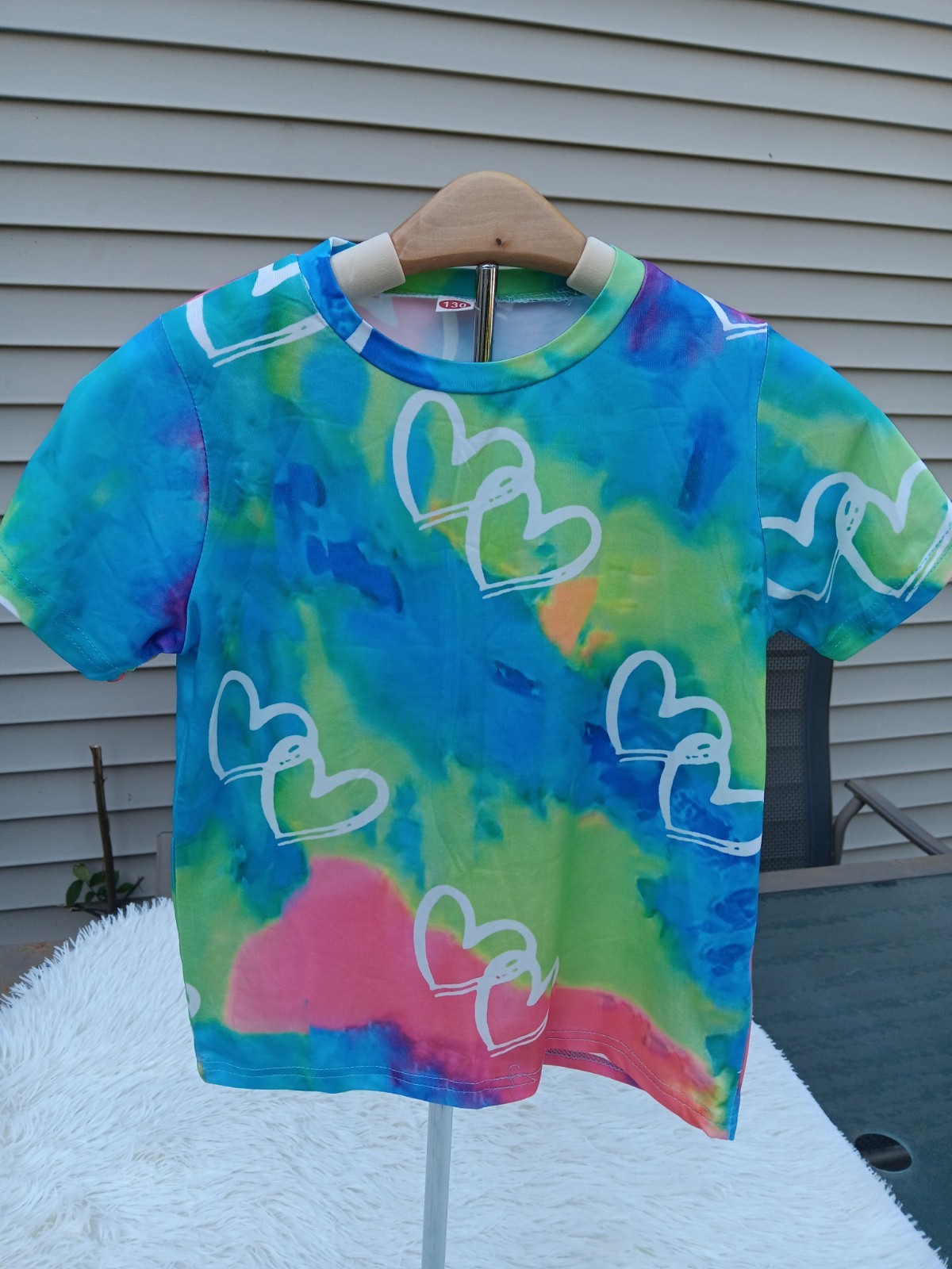 Girls Tie-Dye Heart Print Crew Neck Short Sleeve Stretch T-Shirt Size 130