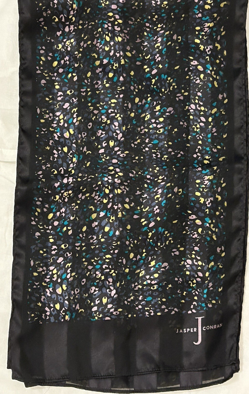 Jasper Conran Black Striped Turquoise Lilac Yellow Speckle Silk Scarf 70×10