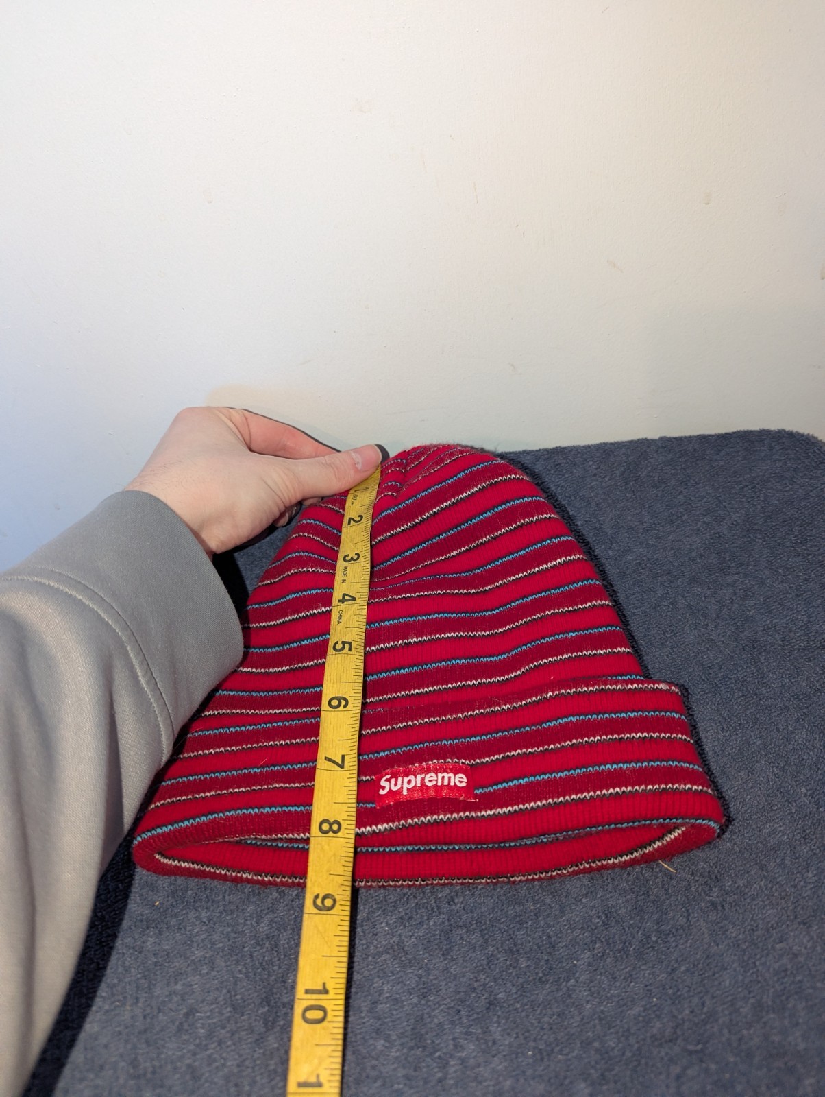 Supreme Striped Beanie Hat Mens One Size Red FW14 Logo Cuffed Knit