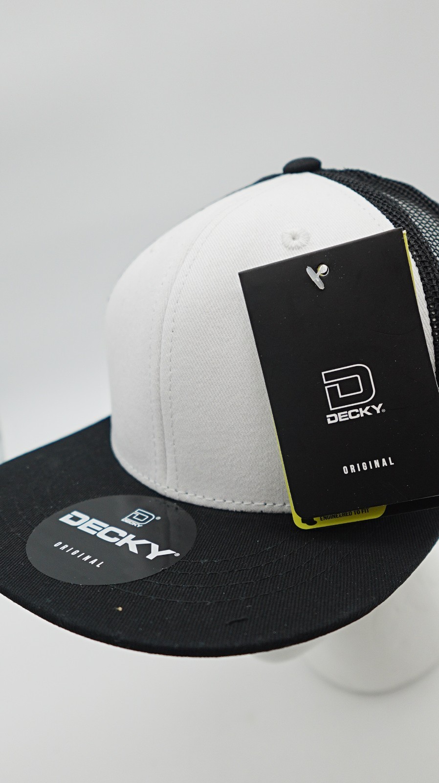Decky Youth Original 6 Panel Flat Bill Trucker Cap Black White Mesh Snapback Hat
