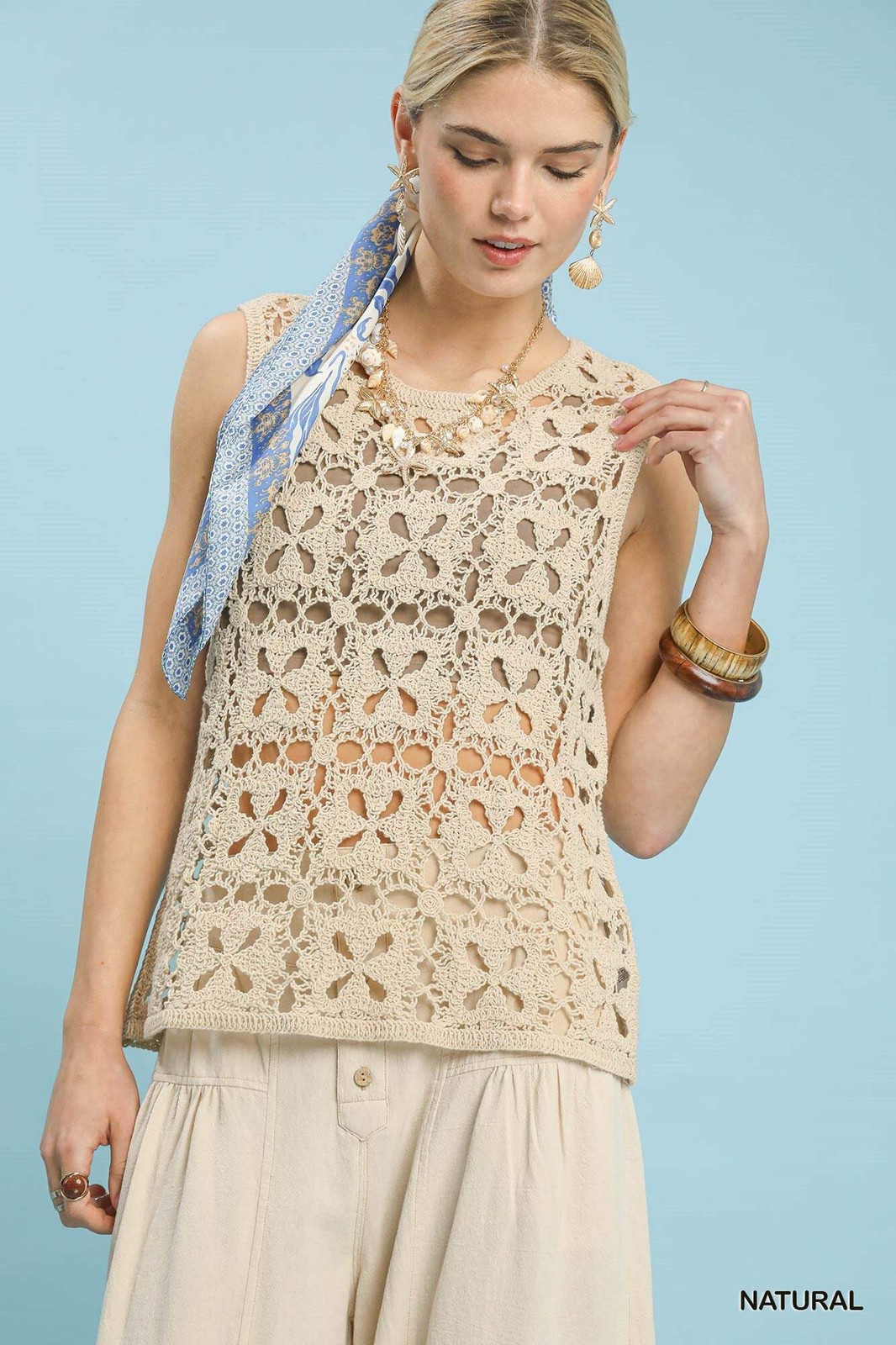 Umgee Cotton Beige Crochet Floral Motif Sleeveless Tank Top