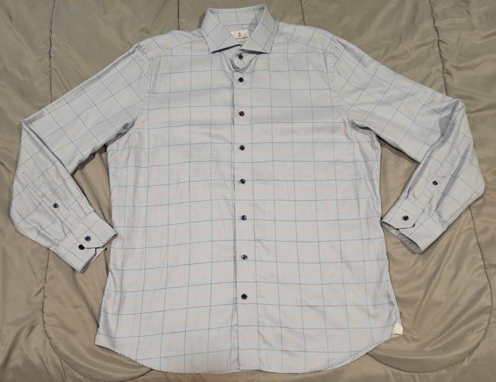 Emanuel Berg Shirt Mens XL 17.5 Blue Orange Plaid Windowpane Modern Fit Luxury