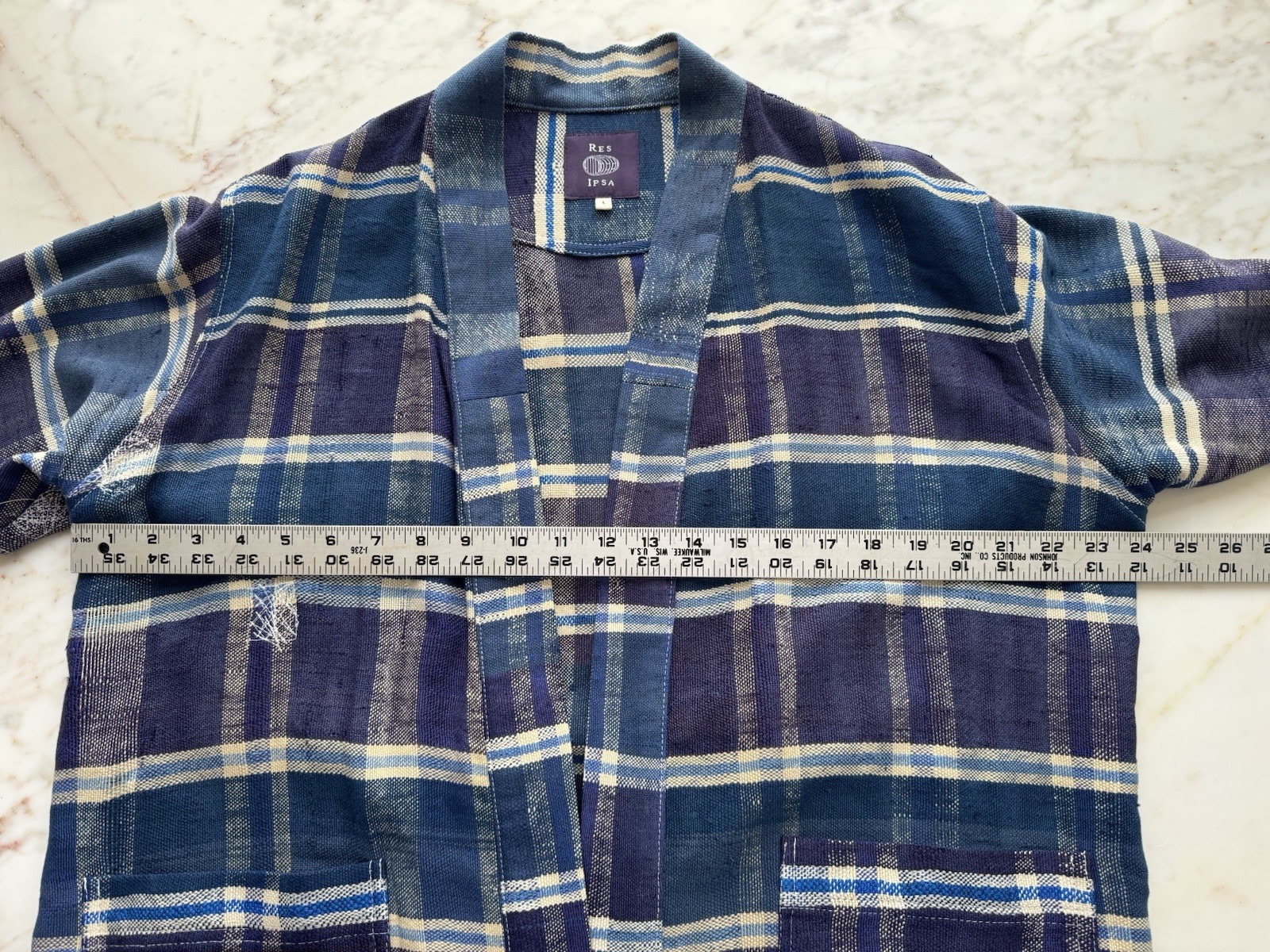Res Ipsa Indigo Plaid Handwoven Linen Kimono Jacket Unisex L Vintage Morocco