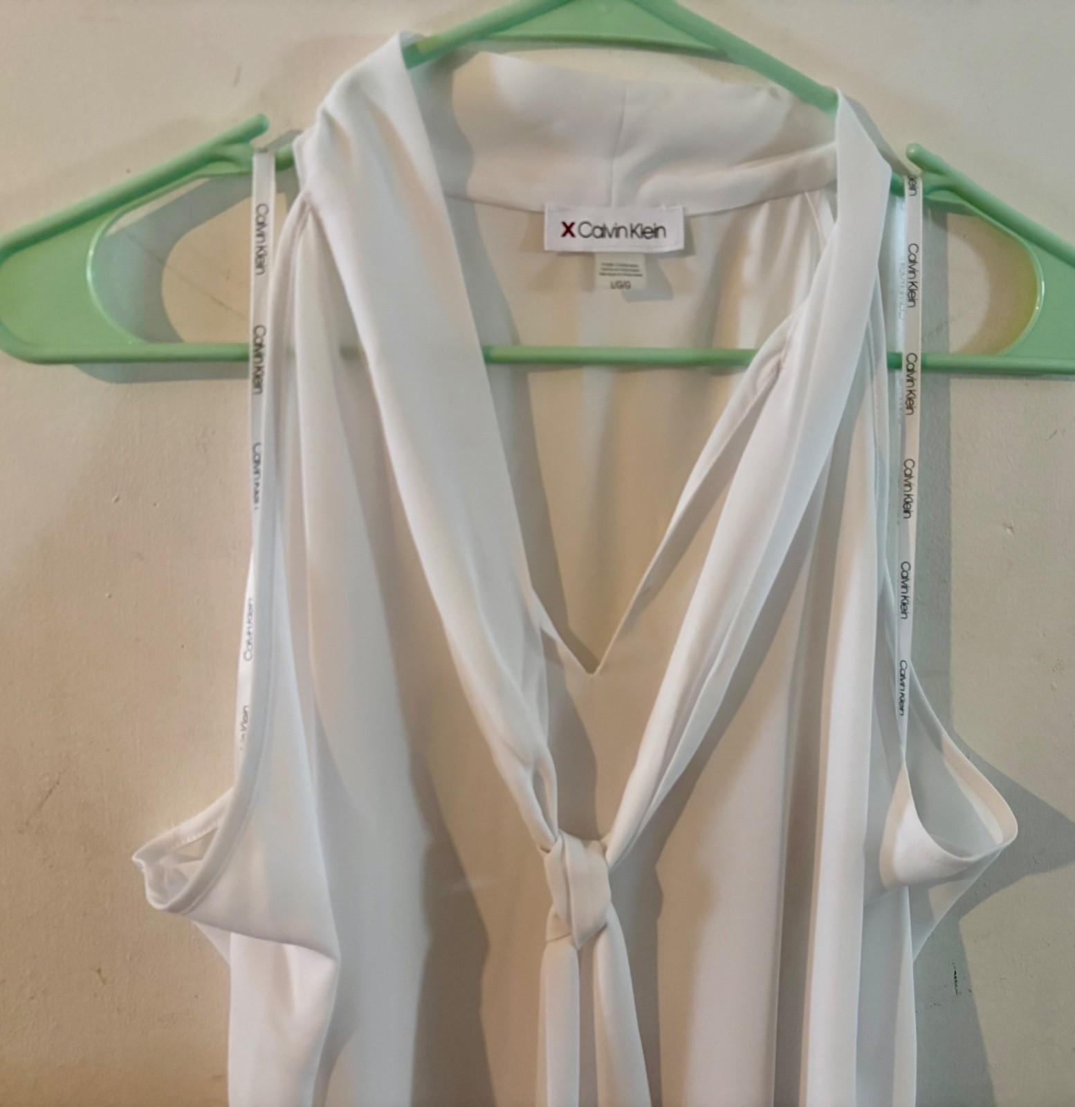 Calvin Klein Womens Top Large White Blouse Halter Tie Neck V Neck Sheer NWOT