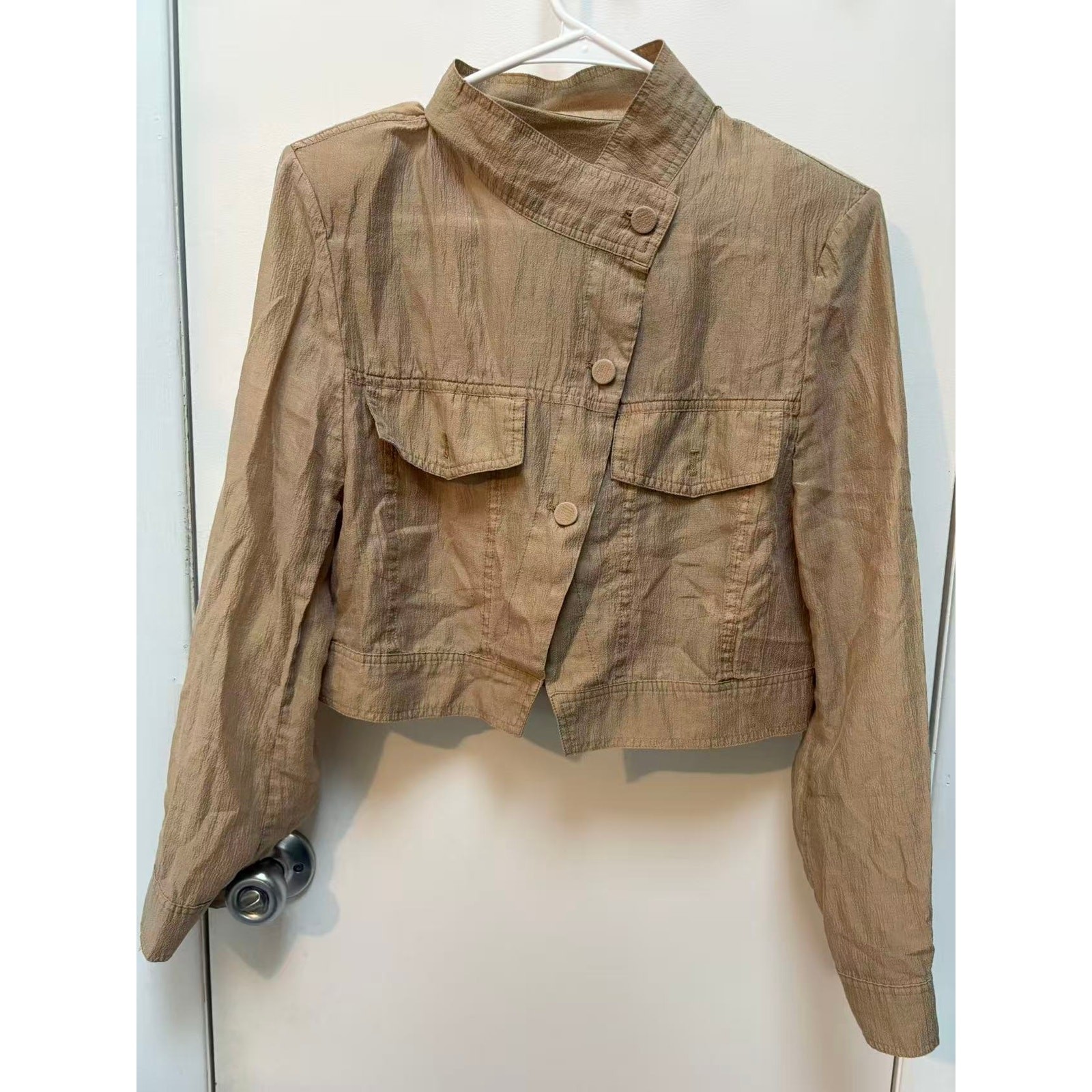 Y2K Cropped Utility Jacket Tan Khaki Asymmetric High Neck Cargo Shirt Blazer S