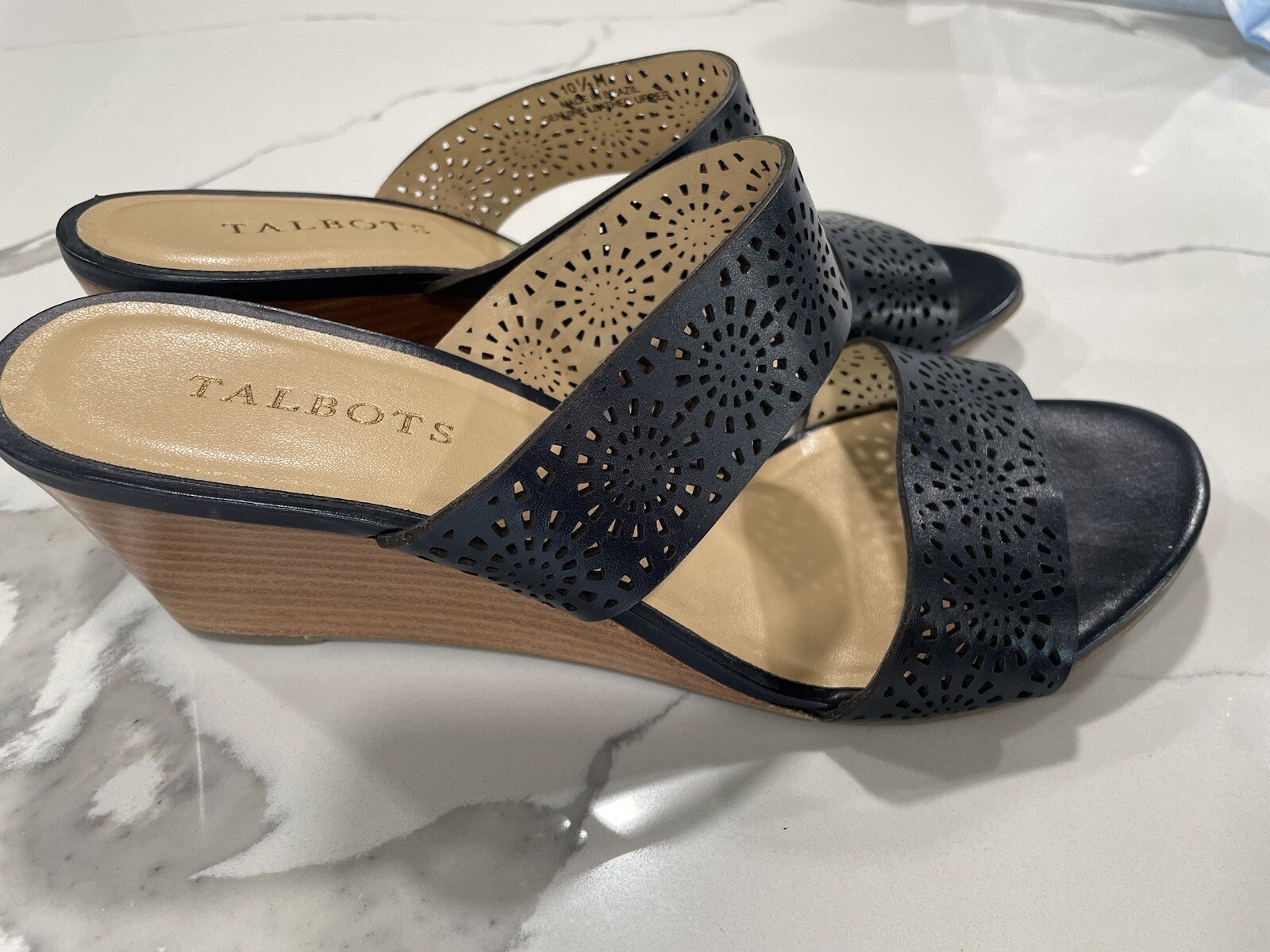 Talbots Sz 10.5 M Women’s Leather Slide Wedge Sandal Shoes Perforated Black SH10