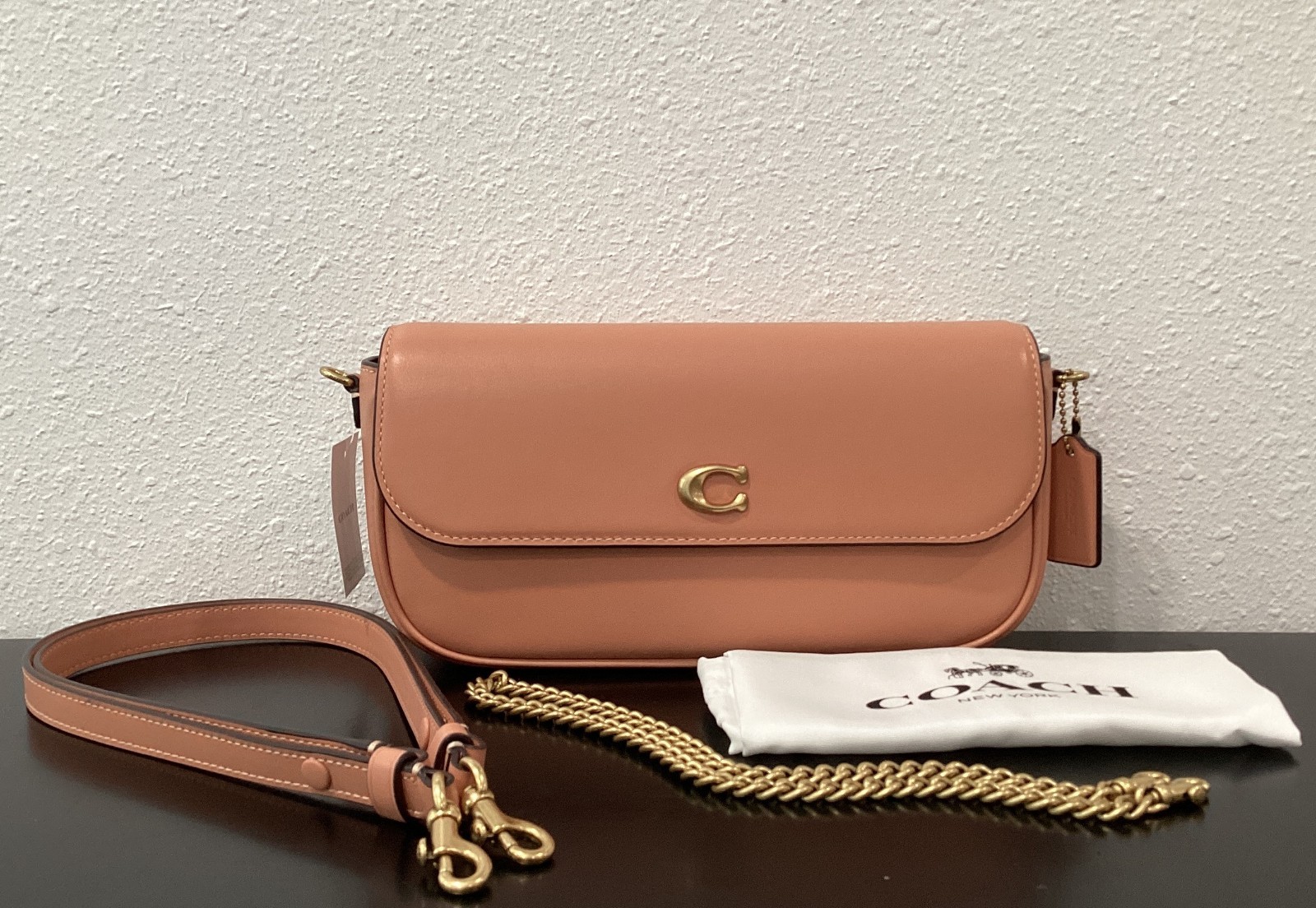 Coach Brook Flap Chain Bag 9.75″ x 4.75″ x 2.25″ CAN90 2 Straps Leather Peach