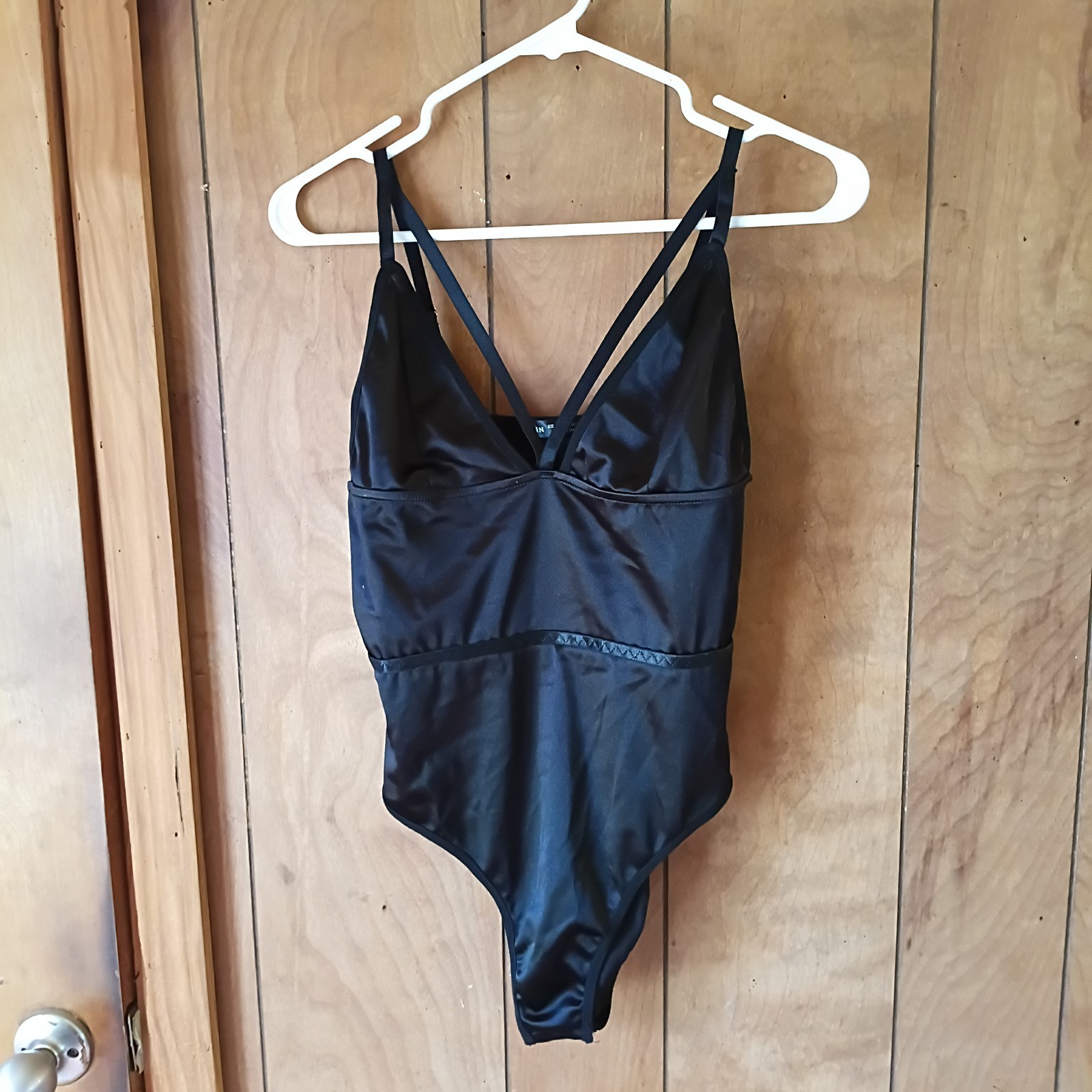SHEIN Black Satin-Look Bodysuit Women’s Size L Strappy V-Neck Polyester 1 PC