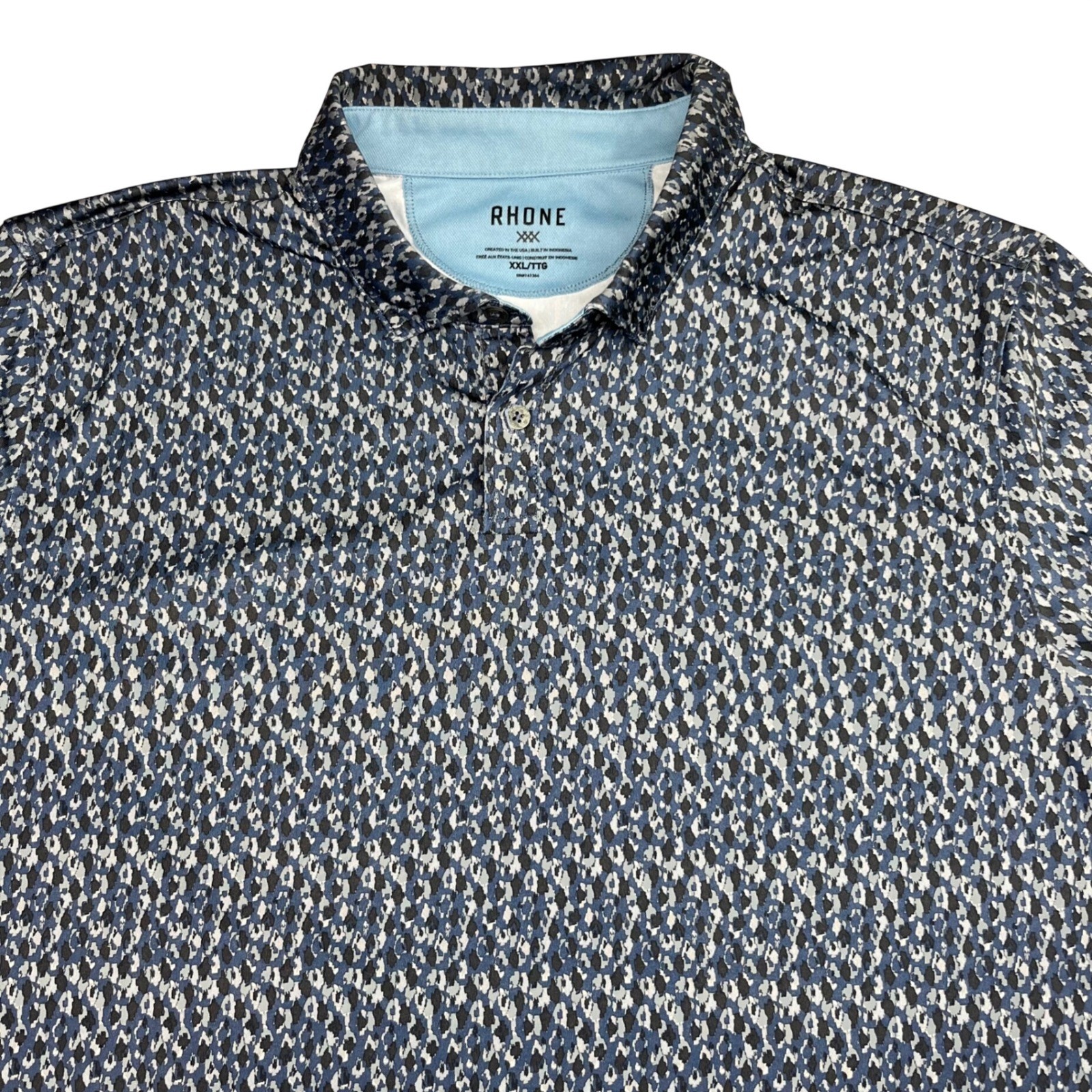 Rhone Delta Pique Polo Shirt Mens XXL Blue Grey Geometric Golf Performance Logo