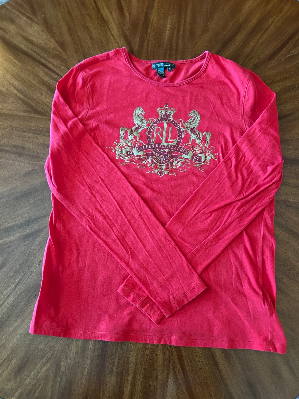 Excellent Vintage Size M Ralph Lauren Red Long Sleeve Women’s Graphic Print Top