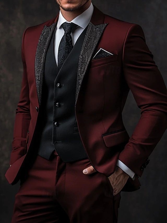 Red Mens Suits Sequin Appliques Formal Prom Coat 2PCS Slim Fit Peak Lapel Jacket