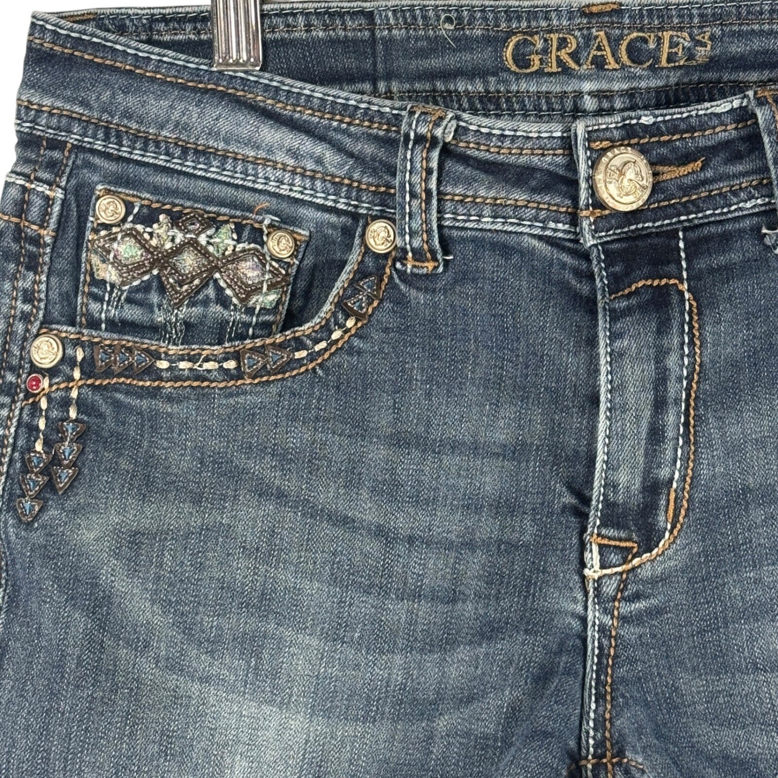 Grace in LA Denim Shorts Embellished Frayed Hem Blue Size 29 Heavy Stitch Y2K