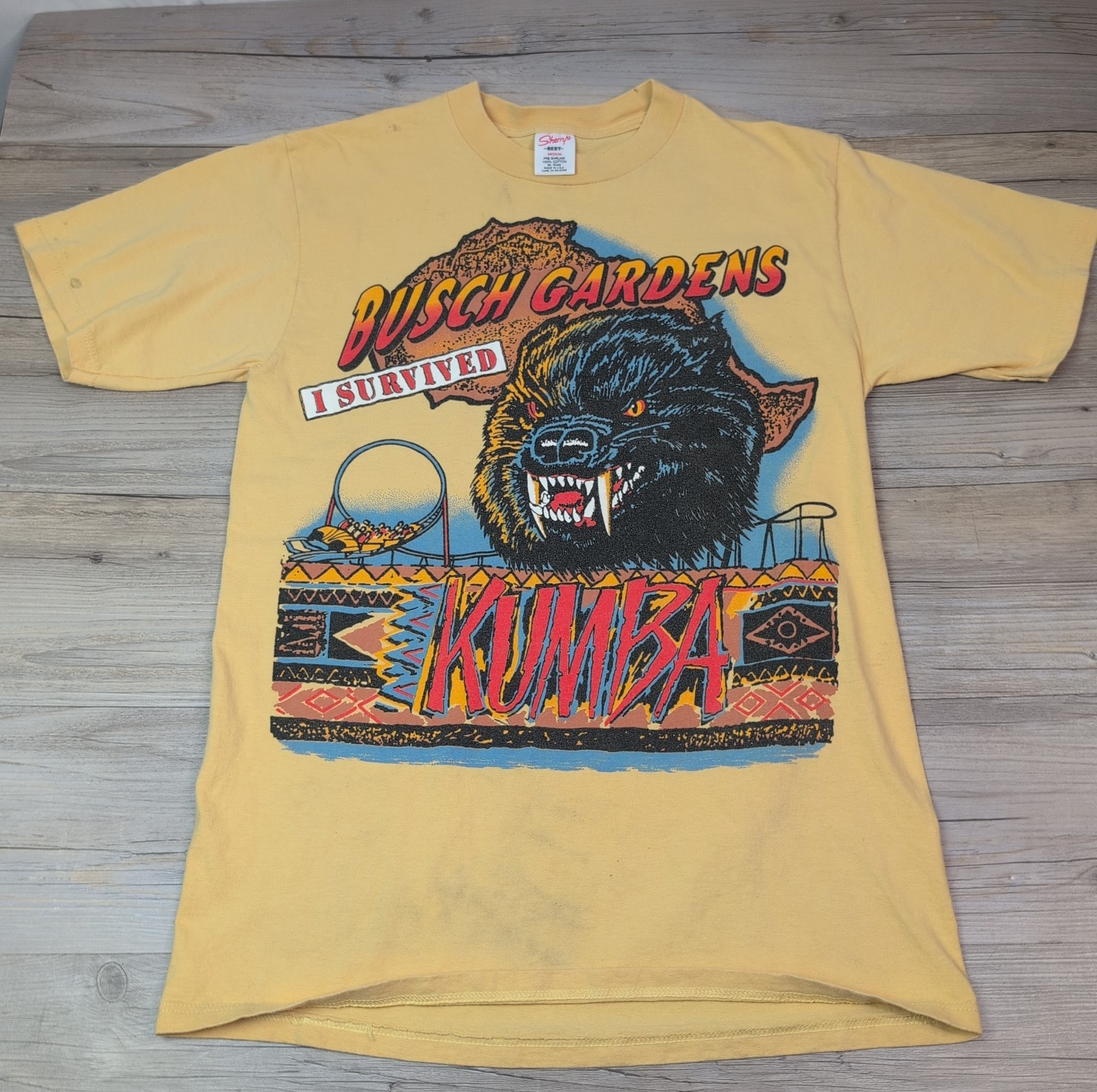 VTG Kumba Busch Gardens Shirt I Survived Rollercoaster Yellow Sherry’s Best 90s