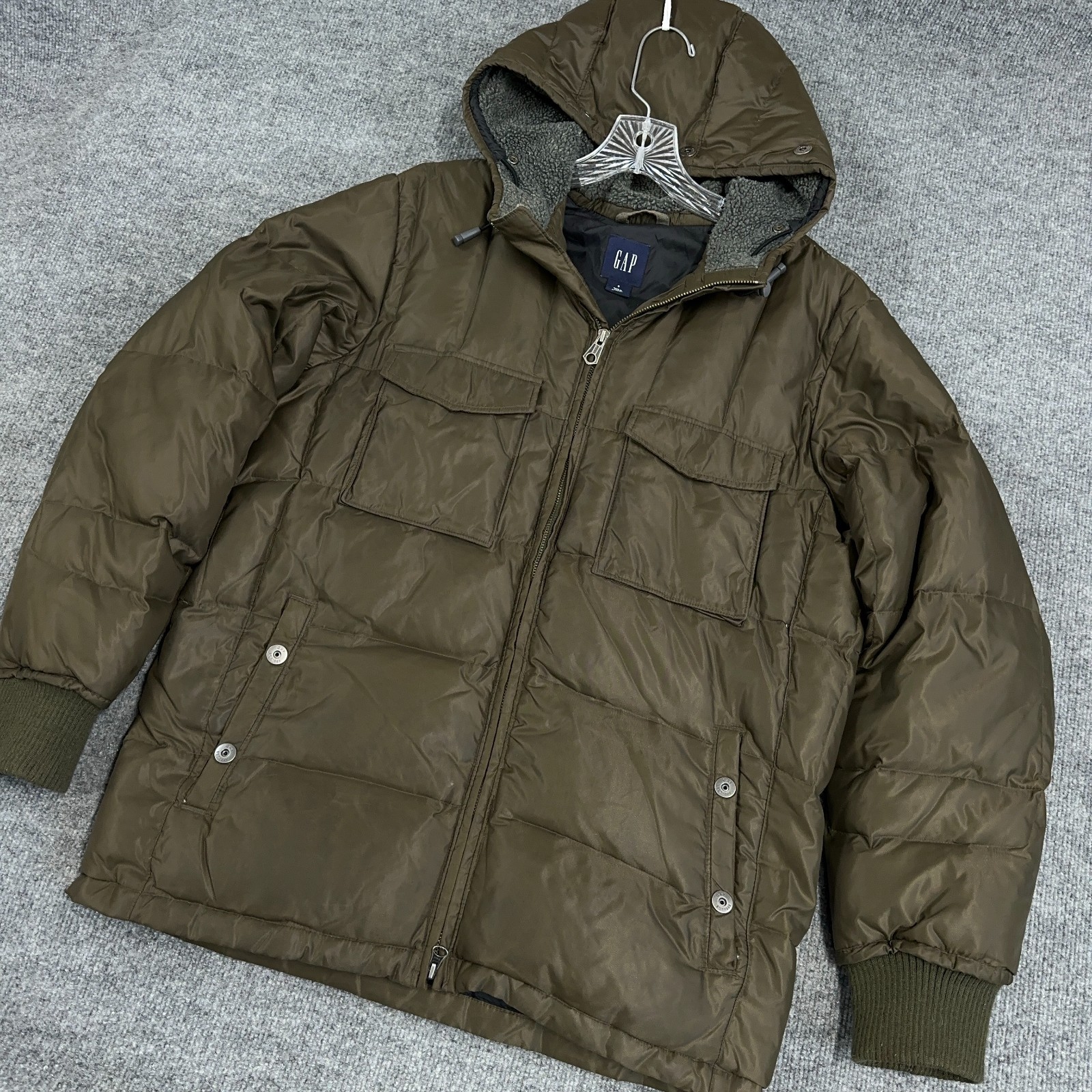 GAP Parka Coat Men Small Olive Green Military Puffer Jacket Down Hood Lined