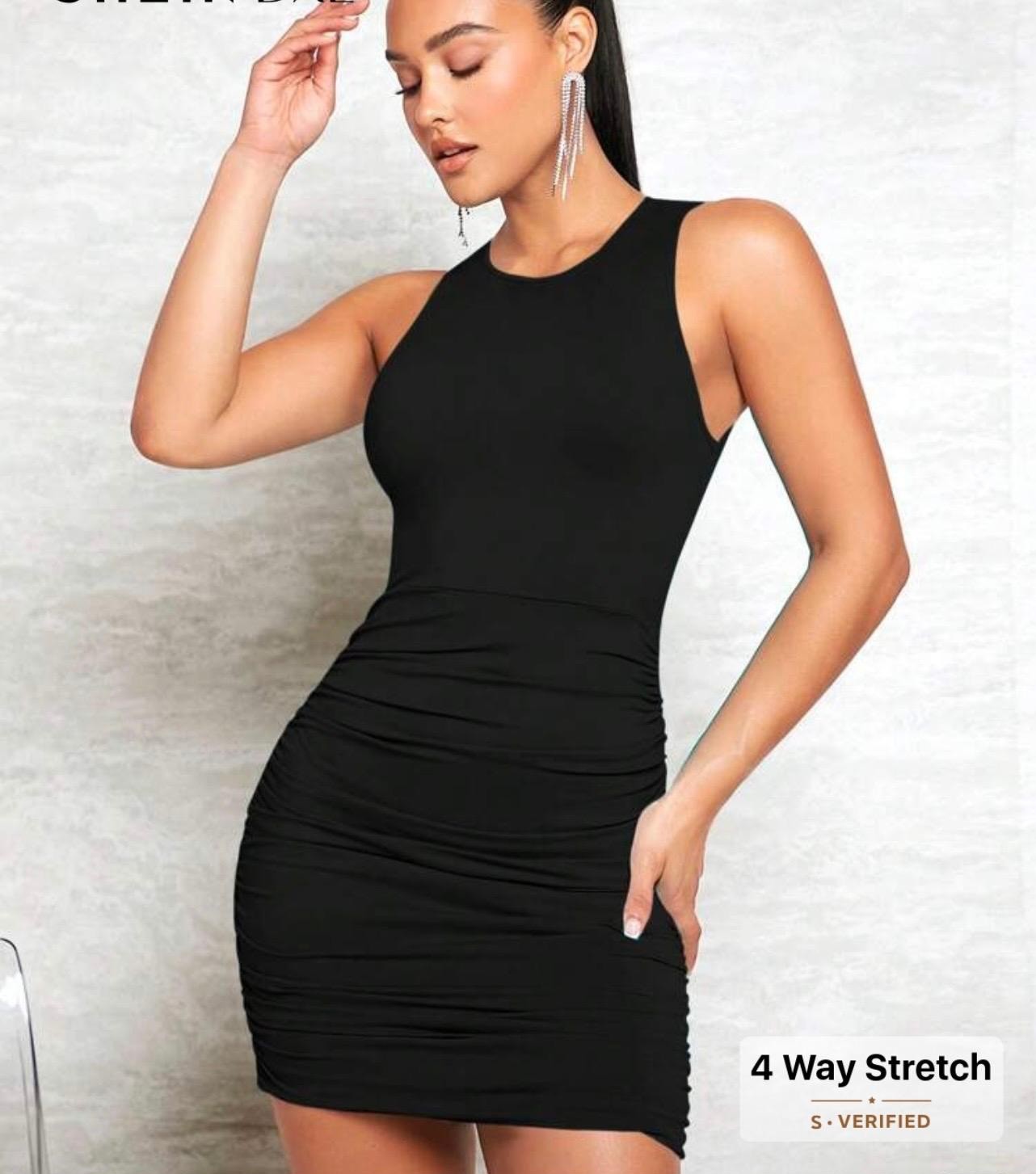 Women’s Black Bodycon Mini Dress M Sleeveless Crew Neck Ruched Cut-Out Back