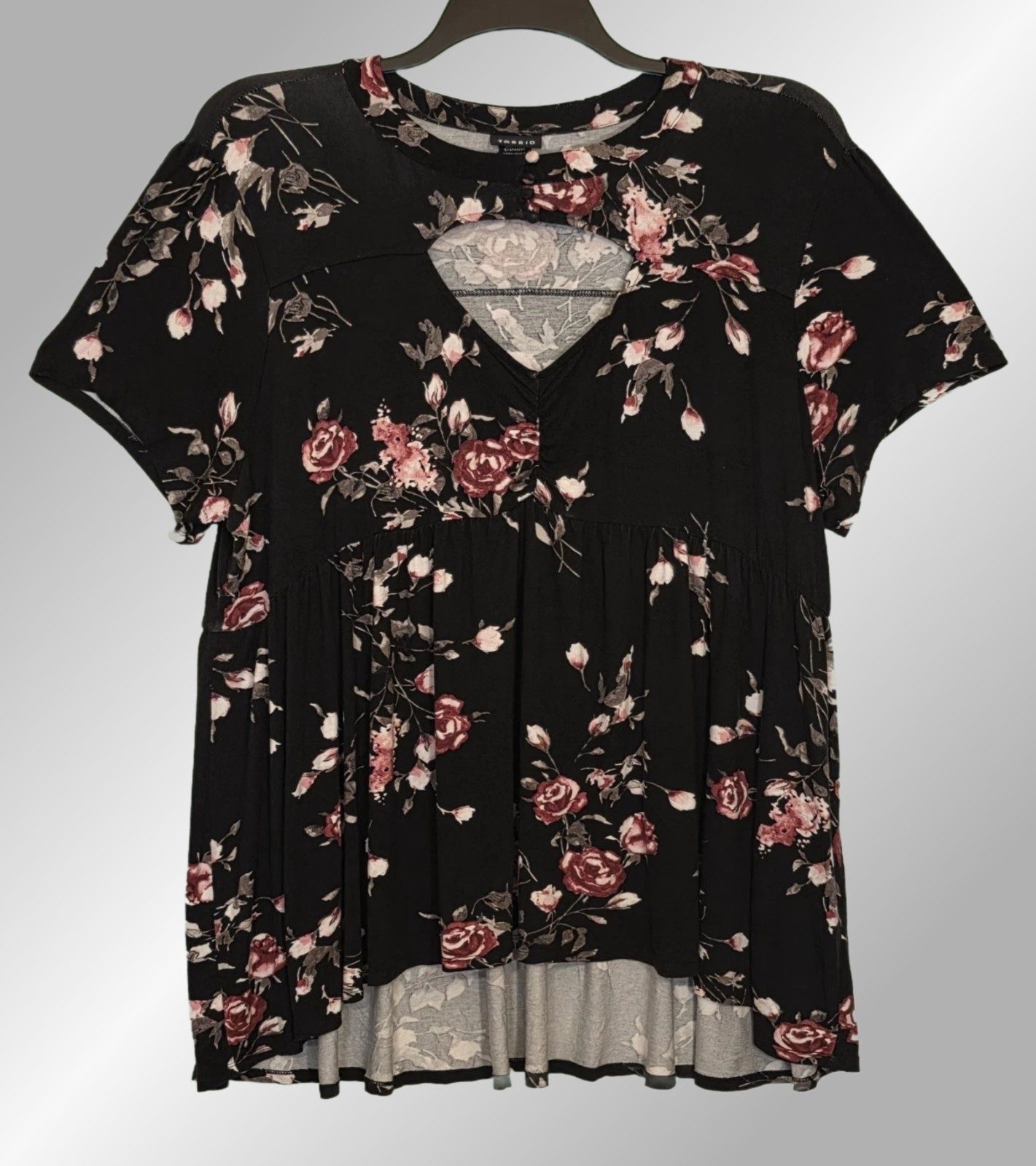 TORRID Plus 4 (24/26) Hi-Lo Black Floral Cut-Out Top