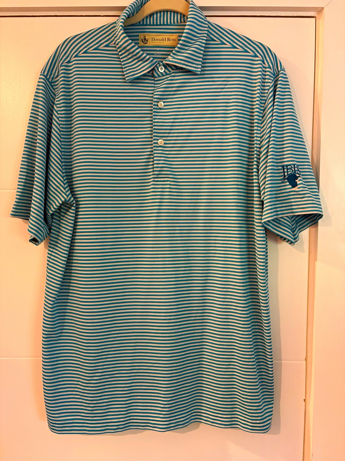 Donald Ross Men’s M Blue/White Striped Short Sleeve Polo Embroidered Logo