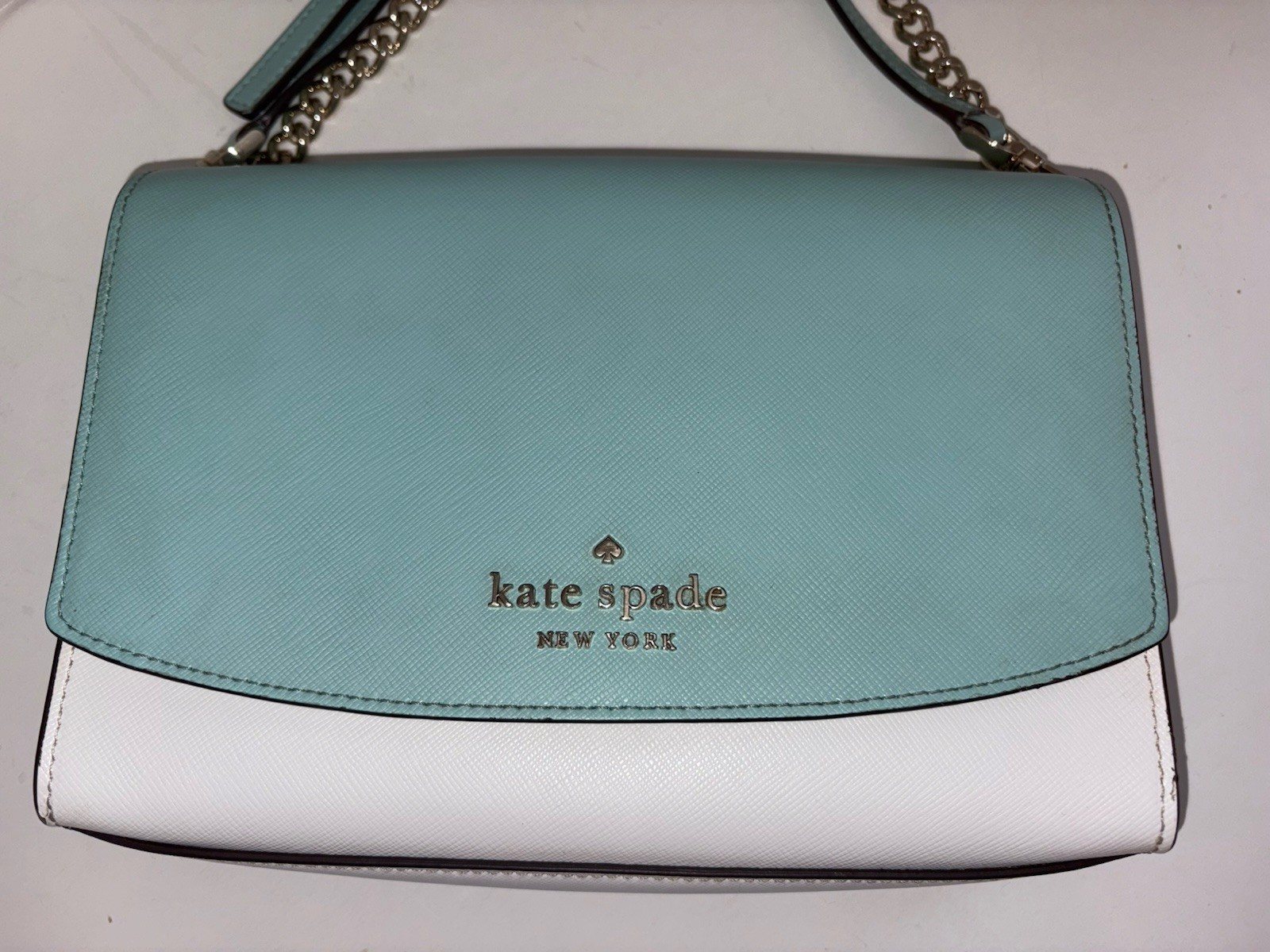 Kate Spade Carson Colorblock Convertible Crossbody Bag Aqua White Chain Purse