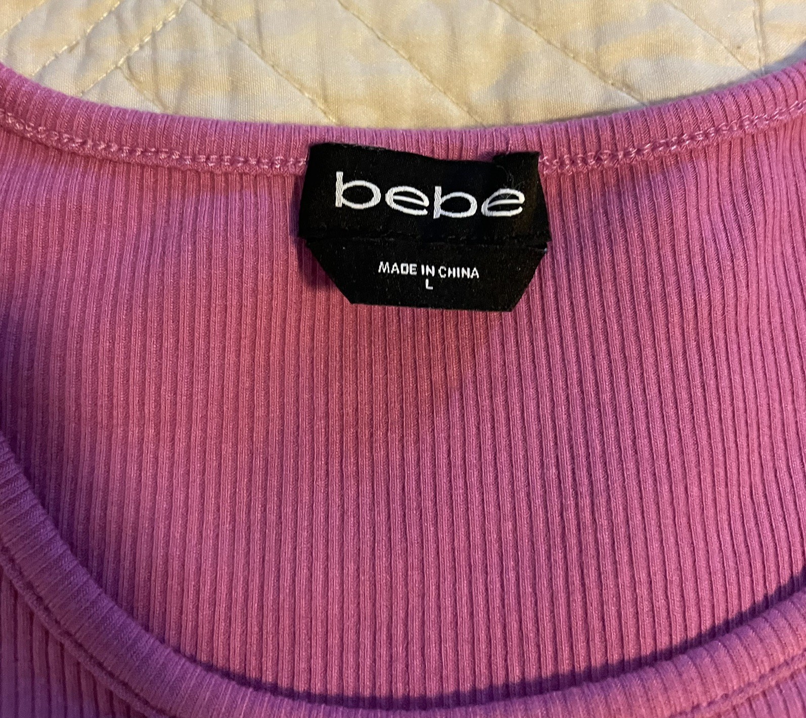 bebe Pink Knit Rhinestone Logo Short Sleeve Pullover T-Shirt Women’s L NWOT