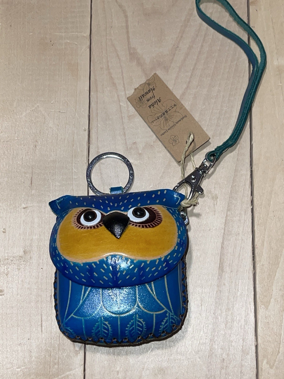 NWT Hawaii Souvenir Genuine Leather Owl Coin Purse Charm Hand Tooled & Dyed