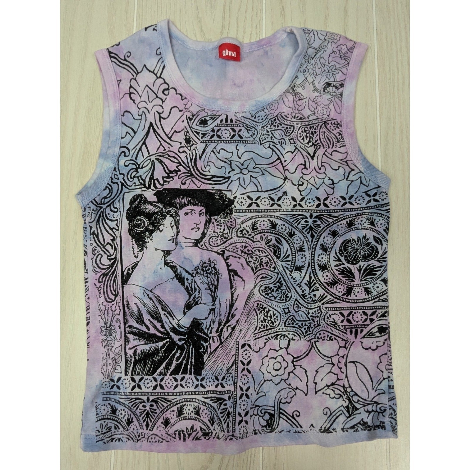 Glima Tank Top Vintage Women’s M Purple Blue Tie Dye Victorian Print Made USA