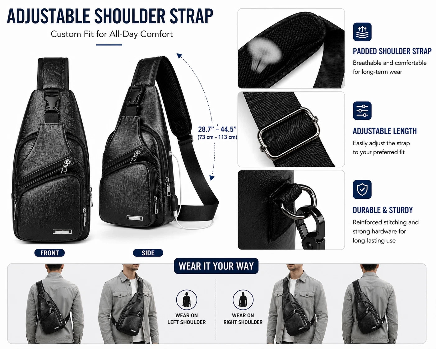 Black Chest Crossbody Bag Sling Backpack for Men with USB Charge Port