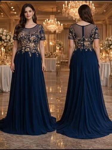 Betsy & Adam Navy Blue Gold Embellished Bodice Chiffon Gown Dress Size 20W $289