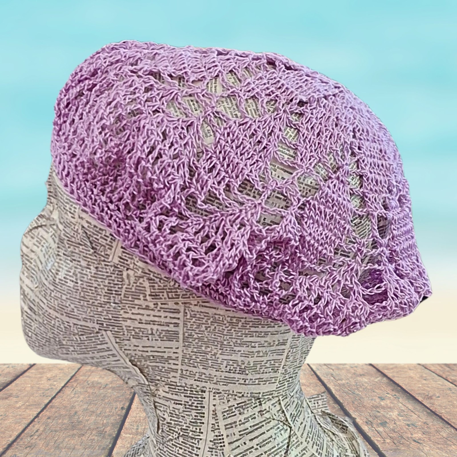 Crochet Lace “Boho” Hat – Light Purple Cotton- Adult One Size