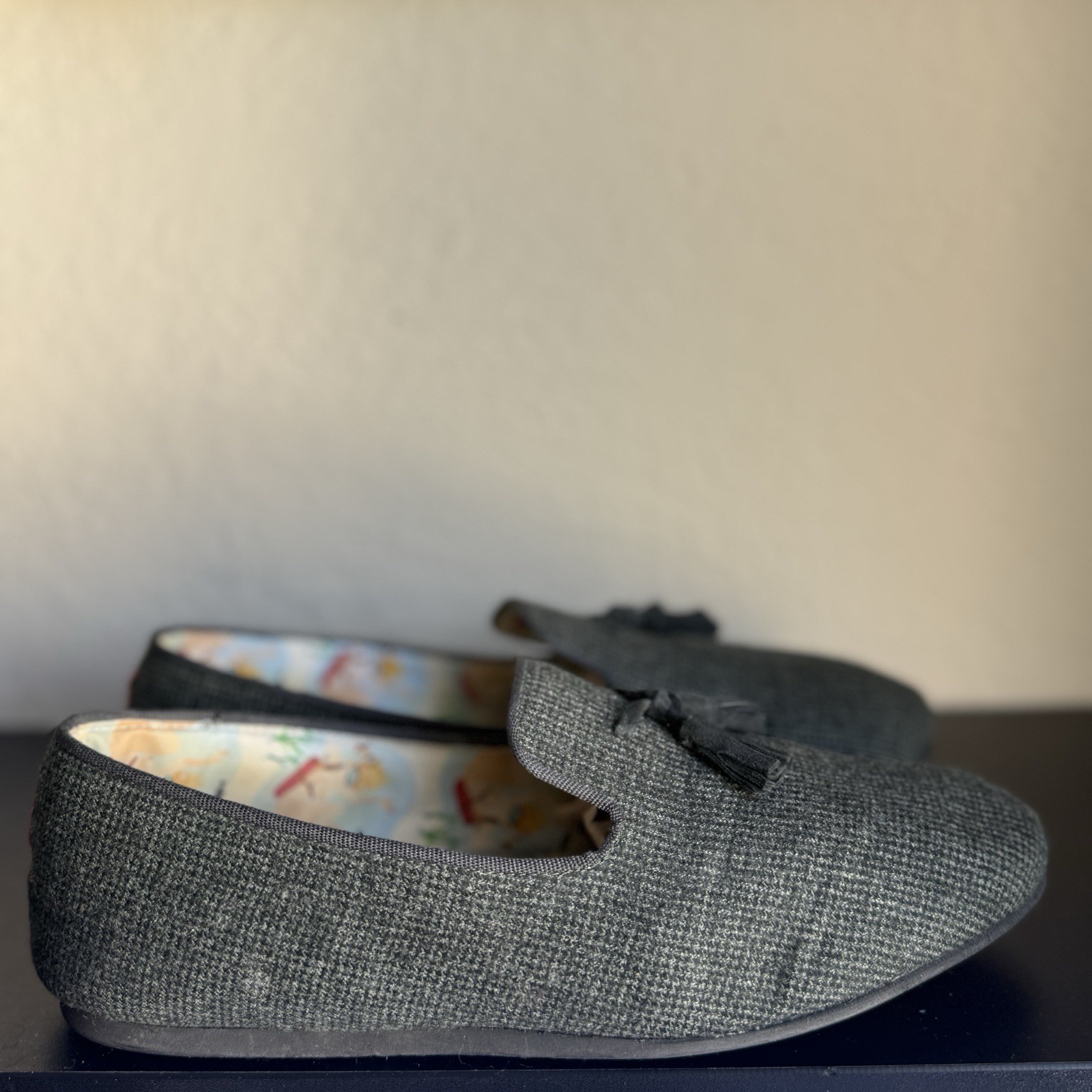 Men’s Slippers Gray Tassel Slip-On Loafer Flats Fabric Upper Round Toe 42.5