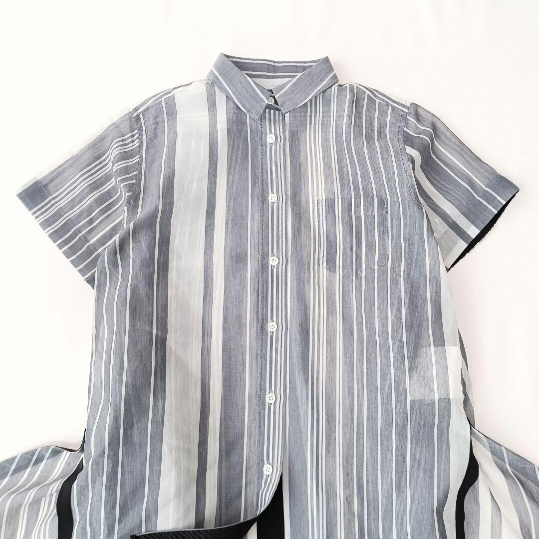 Sacai Sheer Striped Cotton Asymmetrical Short Sleeve Blouse Women S Auth