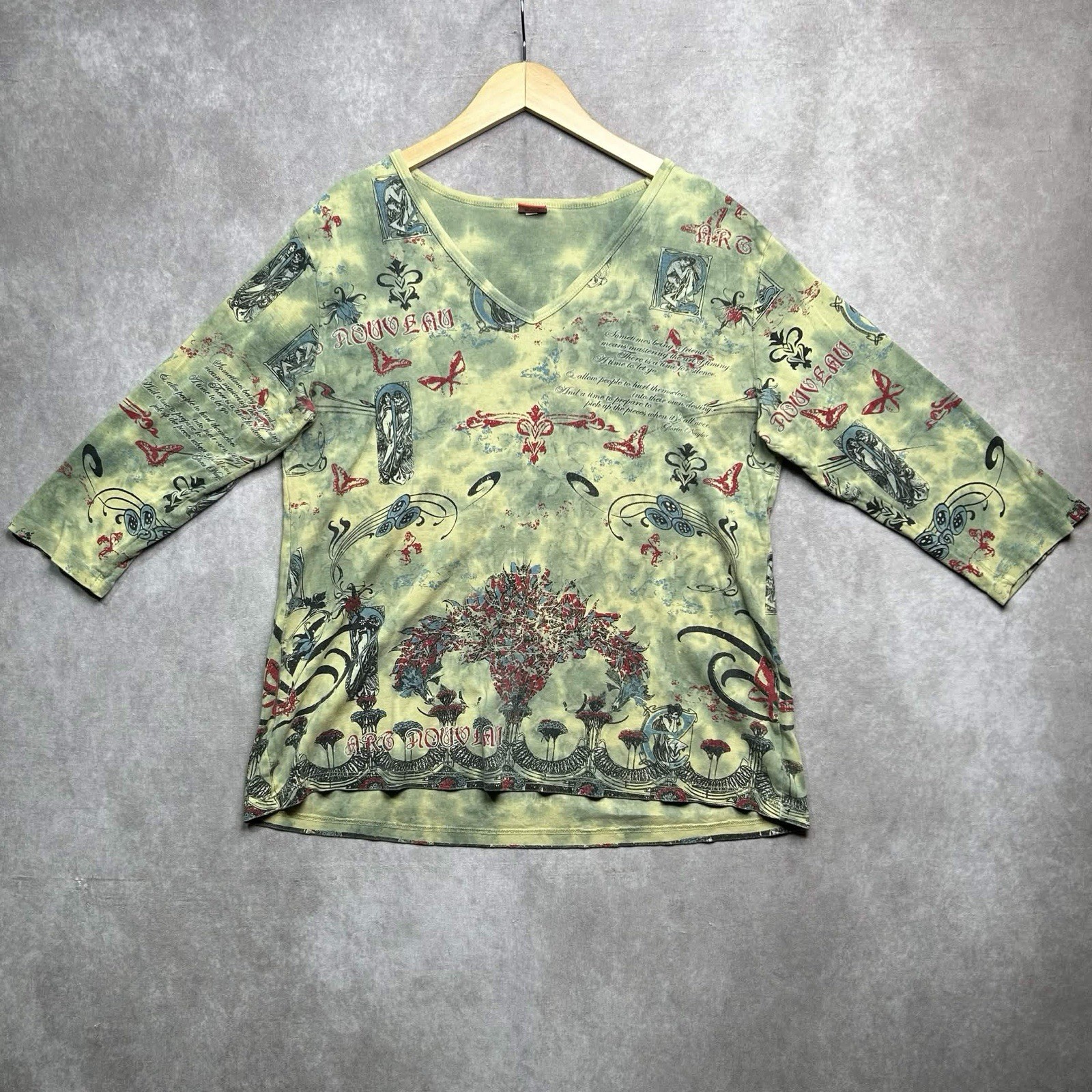 Glimma Graphic V-Neck Tee Green Made USA Cotton Y2K Art Shirt Women 2X
