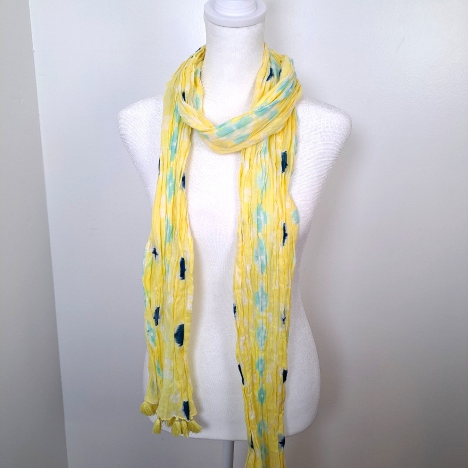 Yellow Blue Y2K Skinny Scarf With Tassels Festival