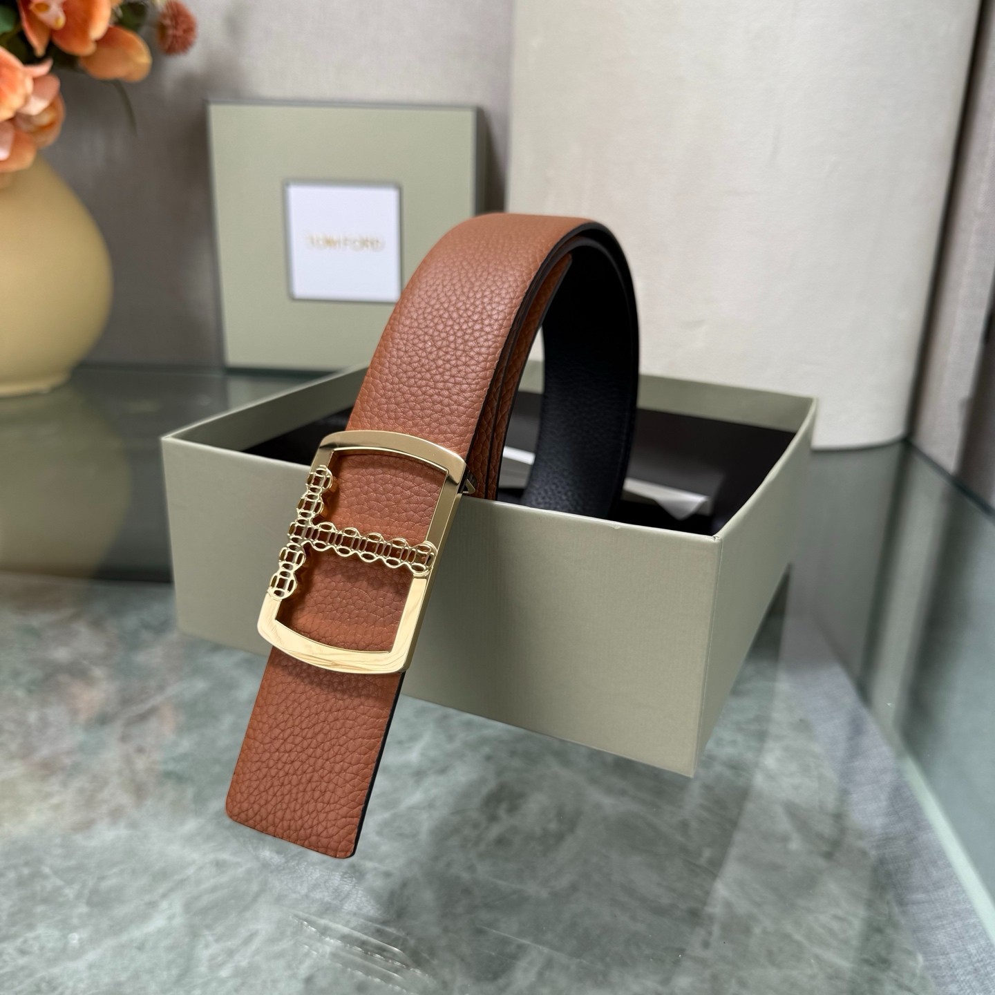 Authentic Tom Ford Reversible Leather T-Buckle Belt Luxury Designer Fashion