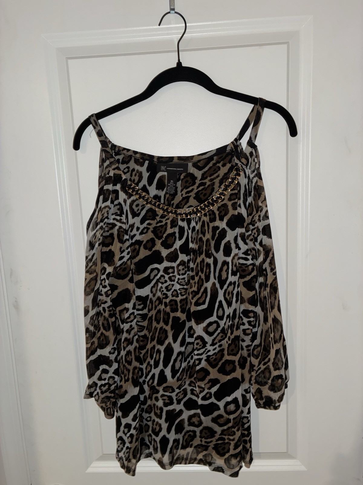 INC International Concepts XL Leopard Print Cold Shoulder Chain Scoop Blouse