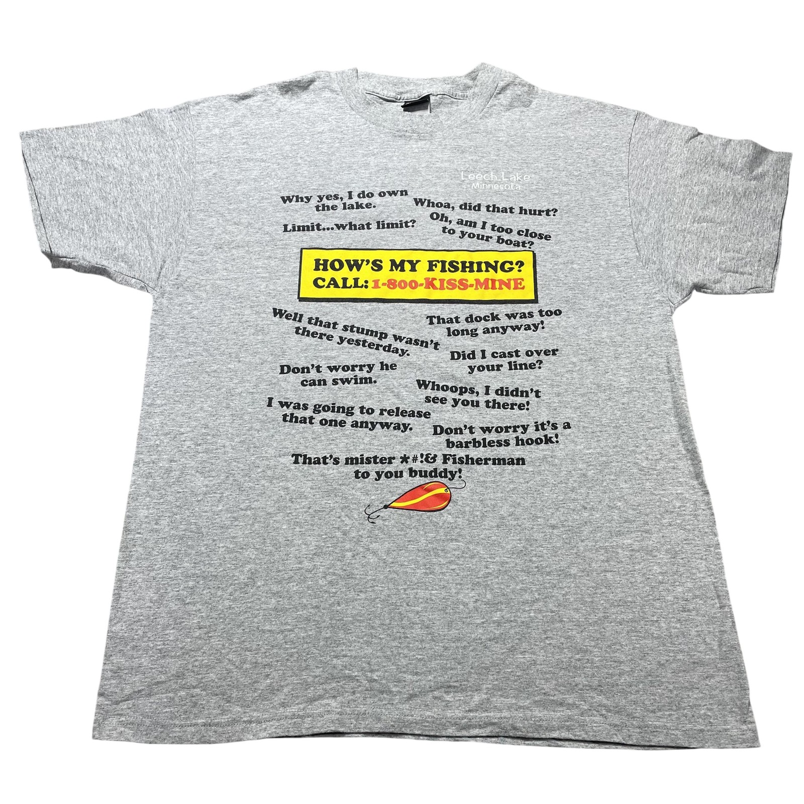 Sherry’s Best Shirt Mens XL Gray How’s My Fishing Funny Graphic Tee Leech Lake