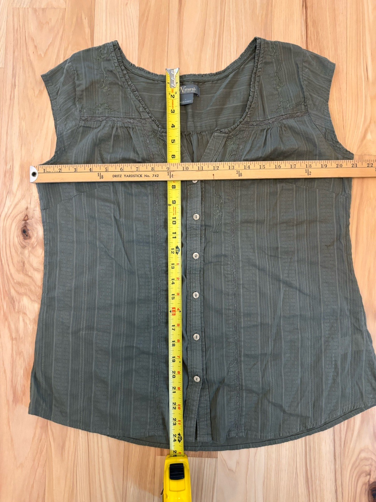 Natural Reflections Cotton Button Up Cap Sleeve Boho Blouse Olive Green Sz Large