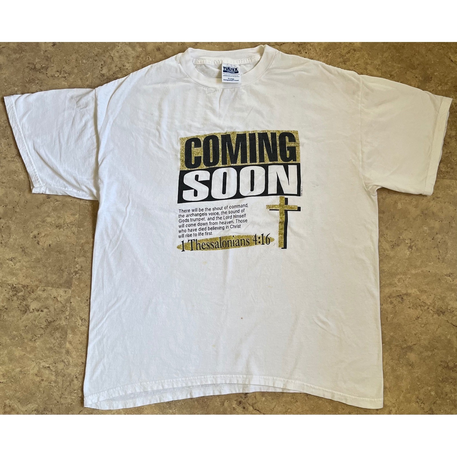 Vintage Tultex Coming Soon 1 Thessalonians 4:16 Christian T-Shirt White XL Mens