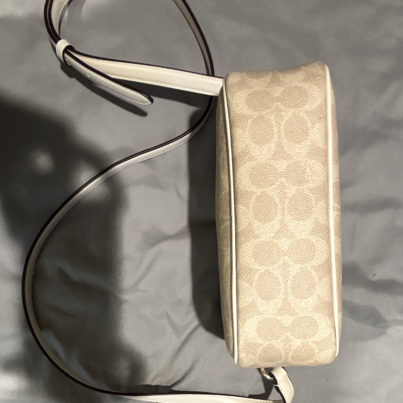 Coach Signature Monogram Small Zip Crossbody Bag Beige/White Detachable Strap
