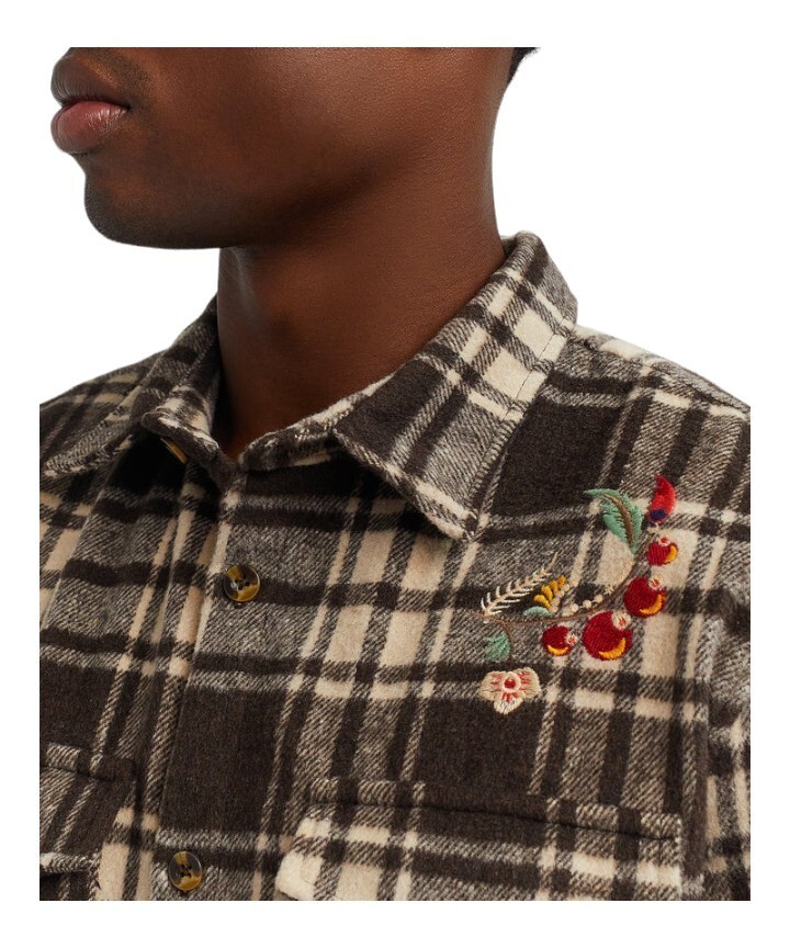 Reason Botanic Embroidered Flannel Overshirt Button Up Brown Men’s Size Medium