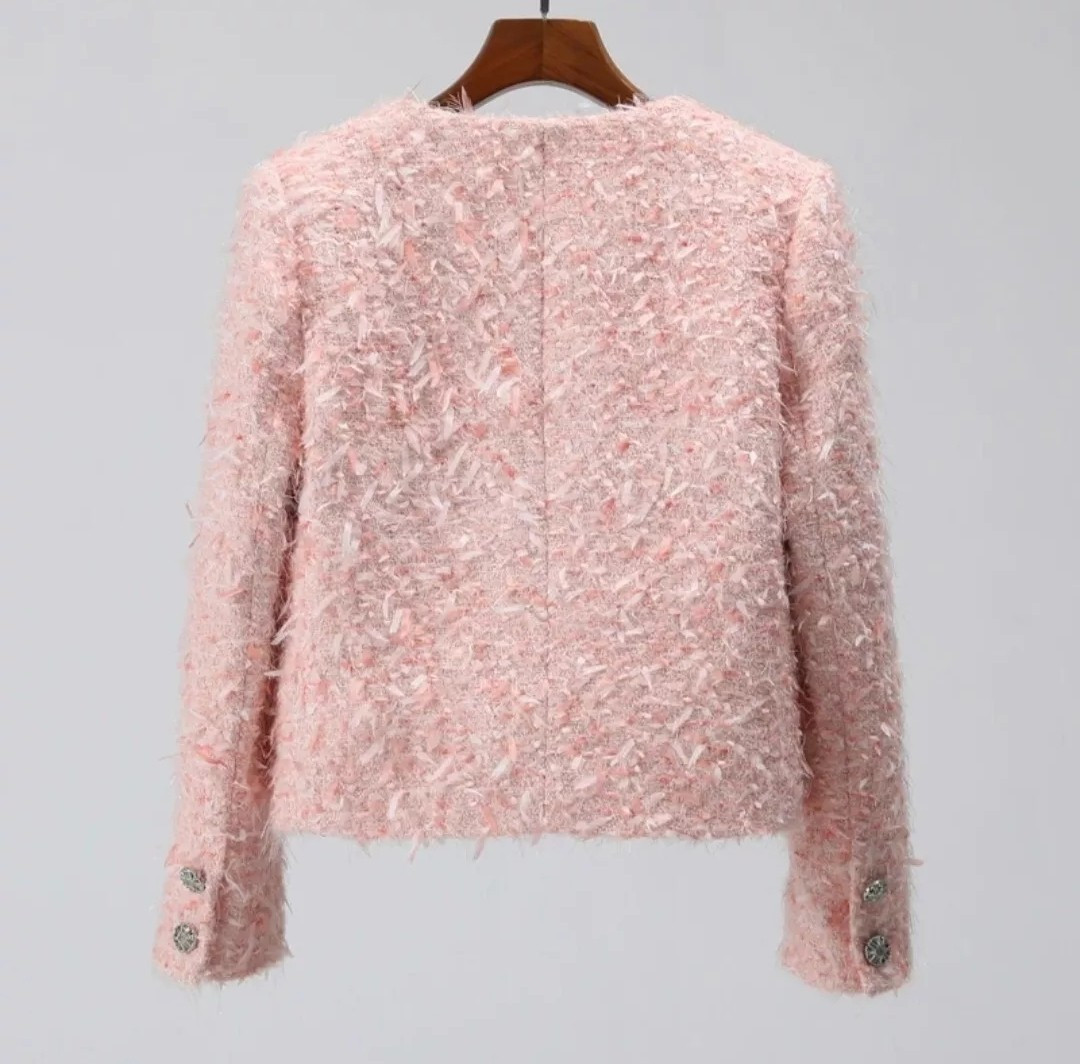 Handmade tweed boucle Pink jacket With Fluffy Knitted Fringes Size M,L,XL,XXL