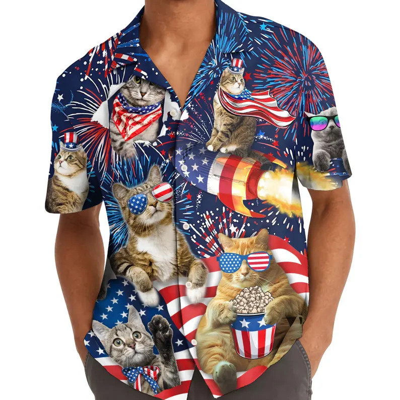 Funny Cat Hawaiian Shirt: Patriotic USA 4th Of July, Short Sleeve