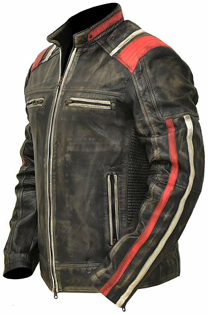 Men Moto Jacket Cafe Racer Vintage Retro Distressed Biker Black Leather Jacket