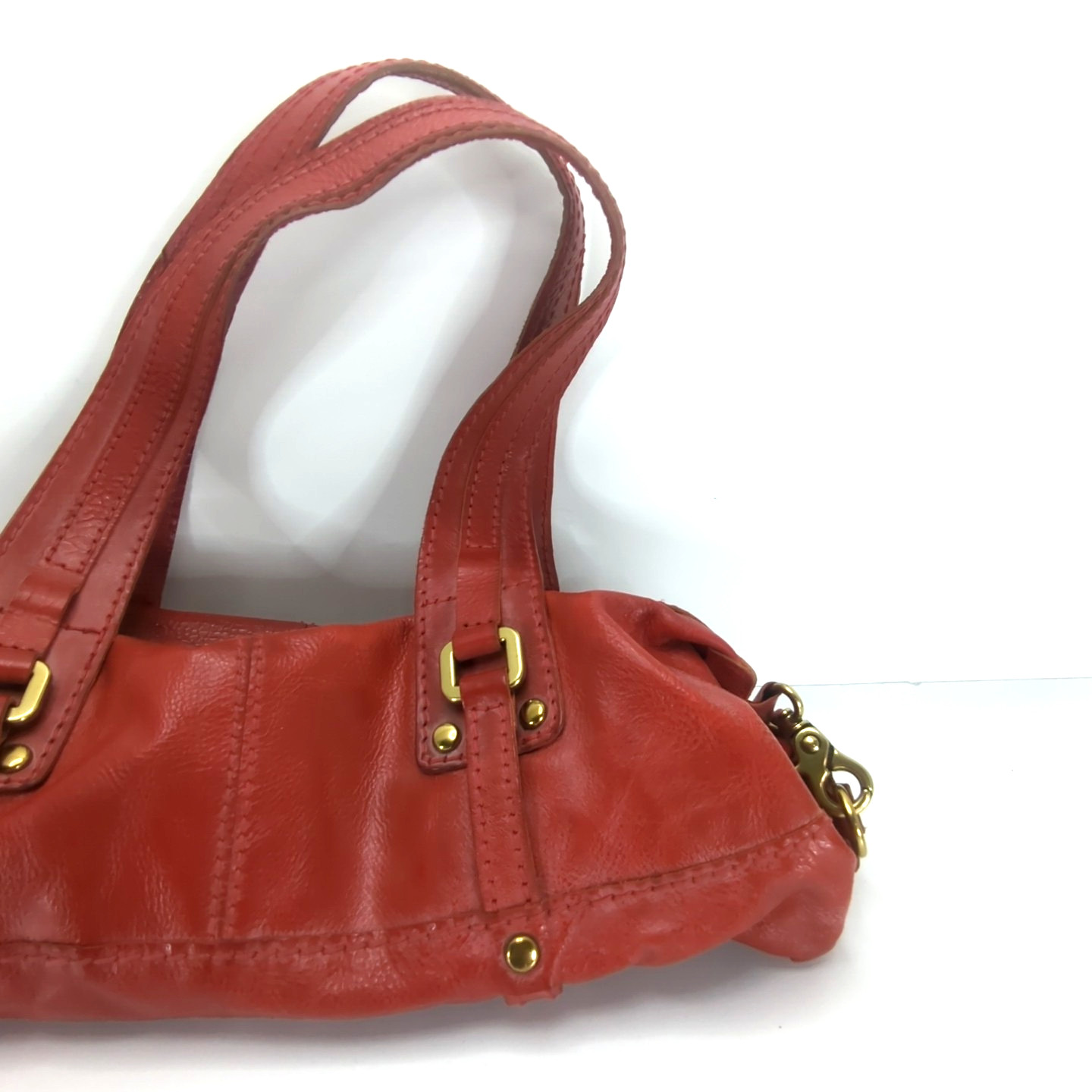 Fossil Fifty Four Handbag Double Handle Red/Tan Gold Tone Hardware 9″H Used