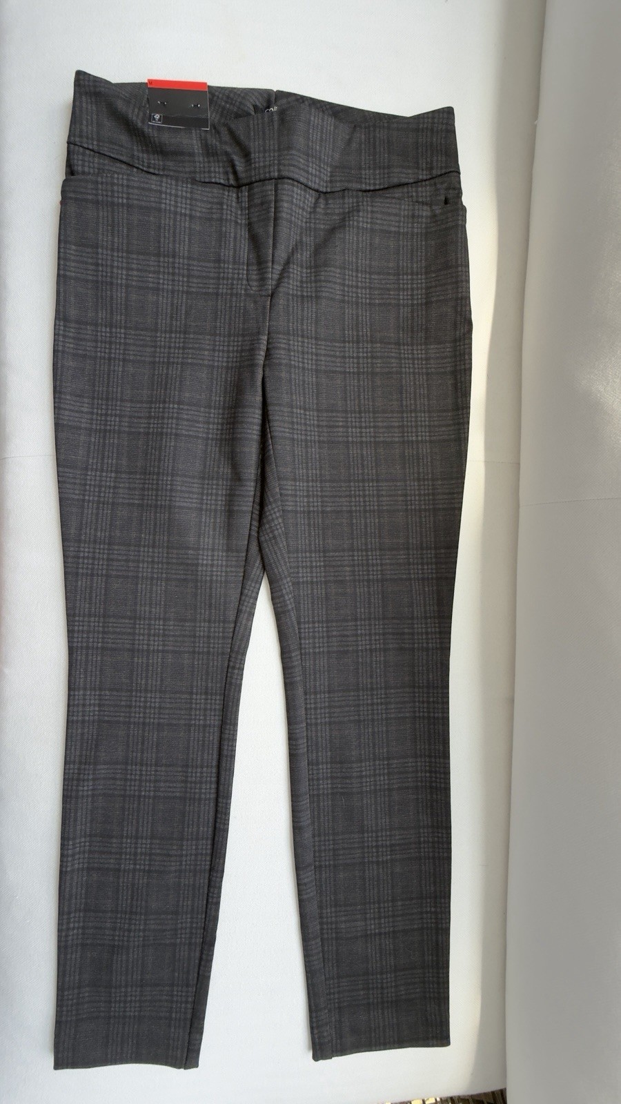 Dalia Women’s Charcoal/Mustard Plaid Pull-On Skinny Dress Pants Pockets M