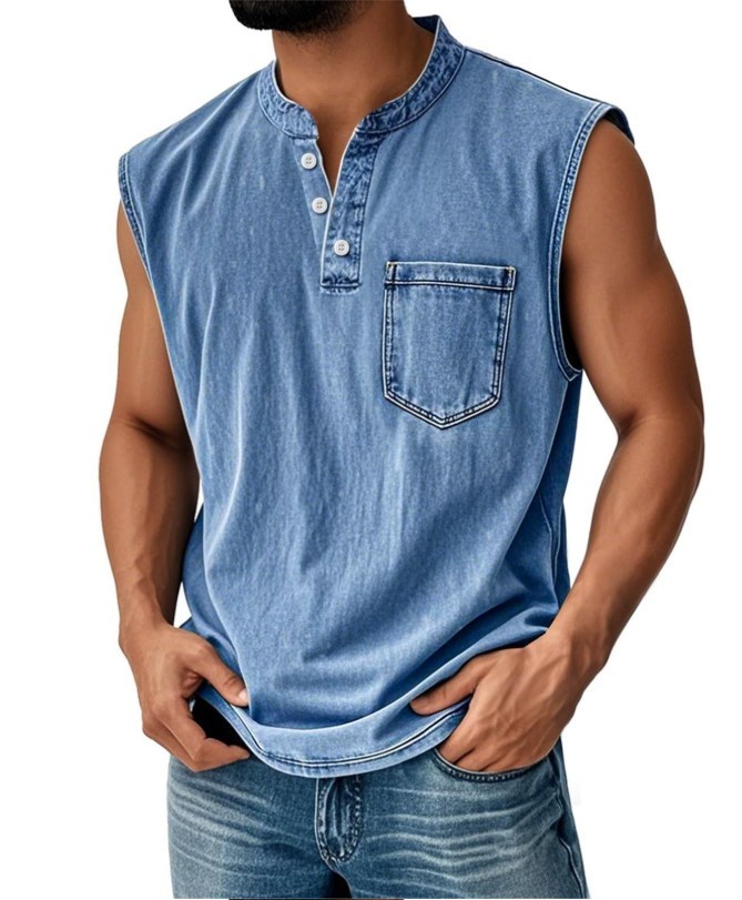 Men’s Sleeveless Henley T-Shirt Casual Cotton Blend Tank Top Summer Gym Vest